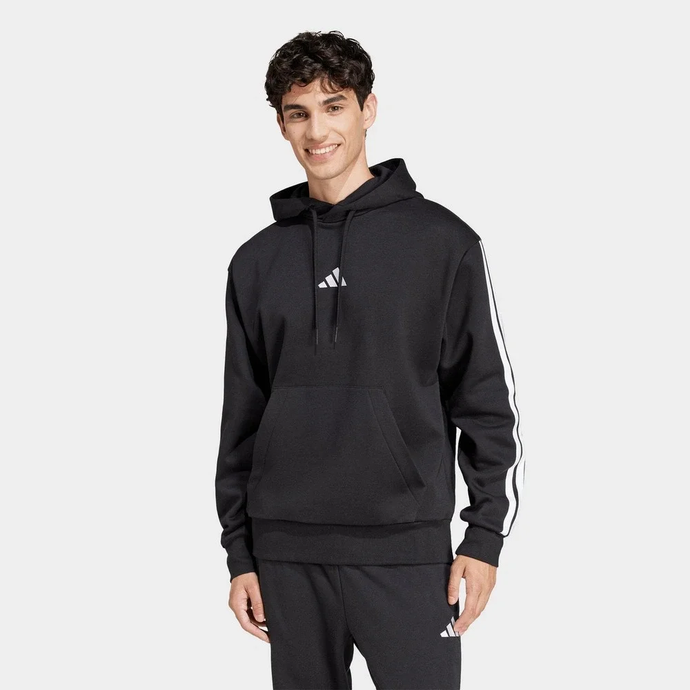 Adidas Essentials 3-Stripes Fleece Pullover Hoodie Mens Large Black White NEW